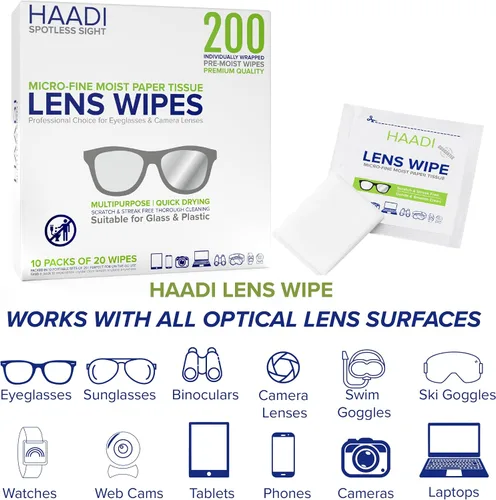 Vista 2 de Toallitas limpiadoras de lentes para anteojos, 200 unidades, envueltas individualmente, multiusos, prehumedecidas para lentes de anteojos, cámaras