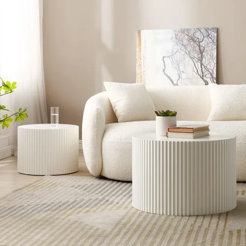Vista 5 de Juego de 2 mesas auxiliares redondas de 42.52 pulgadas, color blanco, para sala de estar, diseño contemporáneo de círculo de madera en relieve, sin