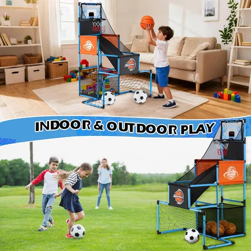Vista 4 de Juego de Arcade de Baloncesto y Portería de Fútbol 2 en 1 para Niños, Aro de Baloncesto Ajustable para Niños con 6 Pelotas y Bomba