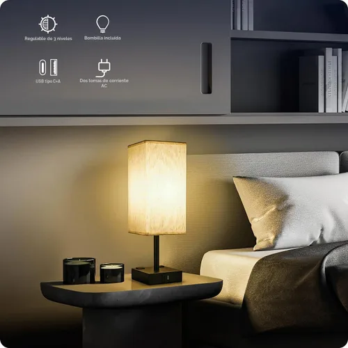 Vista 2 de Lámpara de mesa para dormitorio, lámpara táctil pequeña con puertos de carga USB C+A y salidas de CA, lámpara de mesita de noche regulable de 3 vías