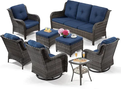 Vista 60 de Juego de 2 sillas de patio giratorias de 360 grados para exteriores y mesa auxiliar a juego – 3 sillas deslizantes de mimbre para patio con cojines