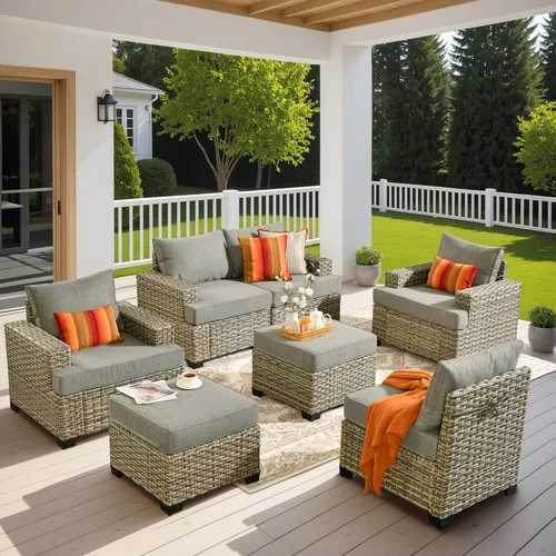 Vista 61 de HOOOWOOO Juego de Muebles Seccionales para Patio al Aire Libre, 6 Piezas Juegos de Conversación de Mimbre Sofá en Forma de L, Sofá Extra Profundo