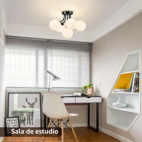 Vista 9 de Lámpara de techo Sputnik negra montaje semiempotrado lámpara de techo de 5 luces con globo blanco lechoso moderna lámpara de araña Sputnik