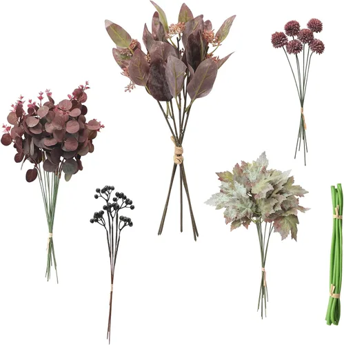 Vista 11 de Juego de tallos de follaje artificial, 59 piezas con 7 tipos de flores de follaje sintéticas para manualidades, ramos de novia, arreglos florales