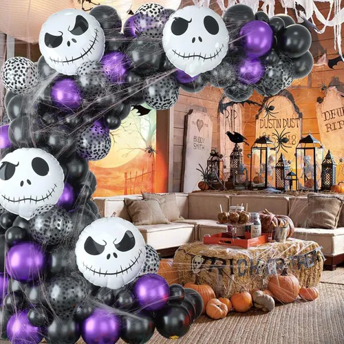 Vista 6 de Kit de guirnalda de arco de globos para decoración de Halloween, 101 piezas de globos de látex de confeti morado metálico y negro mate, con globos