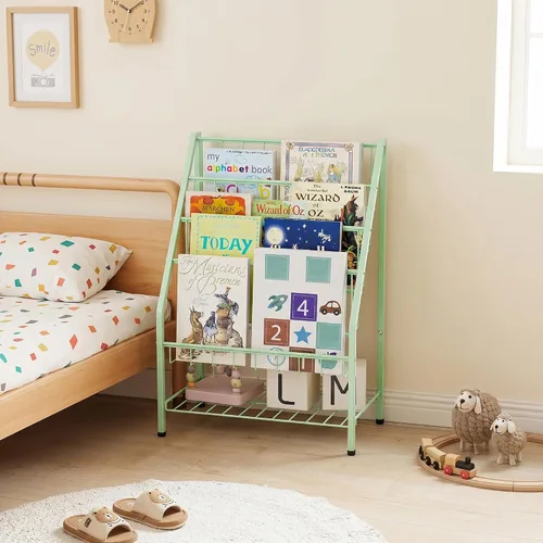 Vista 5 de JAQ Estantería infantil para niños pequeños, estante de exhibición de libros de 4 niveles orientado hacia adelante para guardería, sala