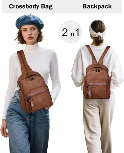 Vista 2 de FADEON Bolso bandolera grande para mujer, bolso cruzado de cuero de diseñador, mochila convertible, mochila antirrobo para viajes, 1 estilo retro 1