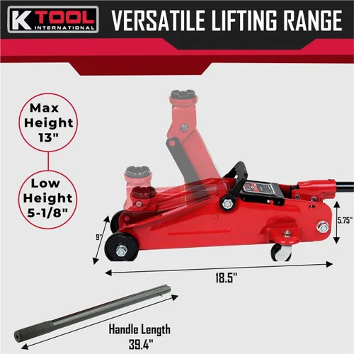 Vista 7 de K Tool International Gato de servicio hidráulico 63103A, rango de elevación de 5-1/8 a 13 pulgadas, acero resistente, ruedas giratorias, protección