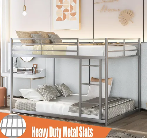 Vista 4 de Literas de metal de tamaño matrimonial sobre matrimonial, litera baja de metal con escalera para niños, adolescentes y adultos, marco de cama
