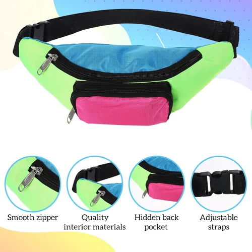 Vista 2 de Riñonera ajustable retro con dos bolsillos, riñonera de neón retro de los años 80 para festivales de vacaciones de los años 80 para mujeres y hombres