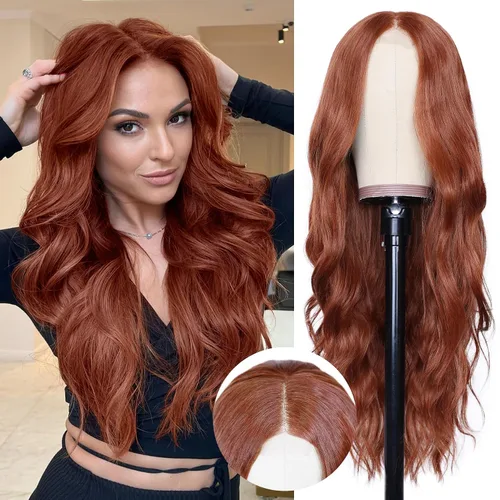 Vista 38 de NAYOO Peluca larga ondulada rubia ombré para mujer, de 26 pulgadas, parte media, rizada, ondulada, de aspecto natural, fibra sintética resistente al