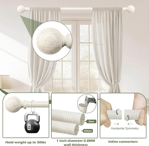 Vista 2 de Barras de cortina de madera blanca para ventanas: HTZON 1" Barra de cortina rústica de estilo granja estilo bohemio para sala de estar y dormitorio