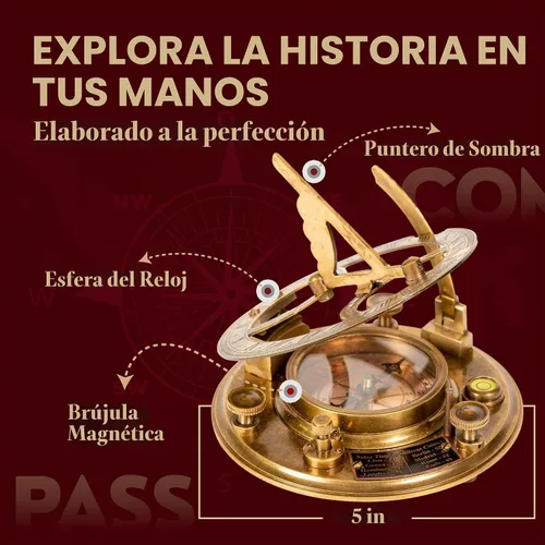 Vista 4 de Brújula grande de reloj de sol de 5 pulgadas con caja de madera de palisandro, reloj de reloj de sol de latón antiguo steampunk perfectamente