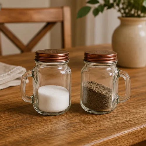 Vista 2 de Mason Jar - Juego de saleros y pimenteros de 4 onzas con asas, tapas de tono cobre, estilo rústico, estilo granja, cocina, comedor