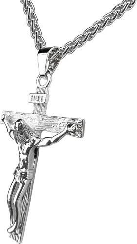 Vista 4 de Colgante de cruz chapado en oro de 18 quilates o plata 925 de 0.138 in, cadena Figaro con crucifijo Jesús INRI para hombres y mujeres. Cierre