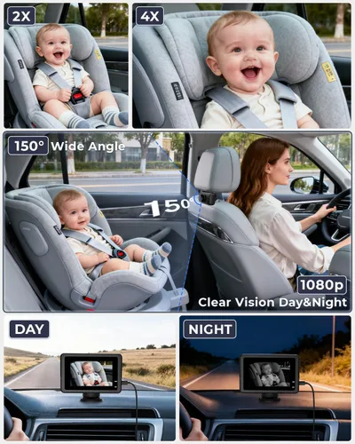 Vista 4 de Cámara inalámbrica de coche para bebé, batería de 10000 mAh, pantalla de 4.3 pulgadas y monitor de bebé de coche HD 1080P
