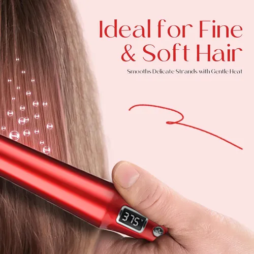 Vista 8 de Alisador y rizador de pelo 2 en 1, titanio y cerámica, rojo Plancha plana para cabello fino, calentamiento rápido, iones negativos, doble voltaje