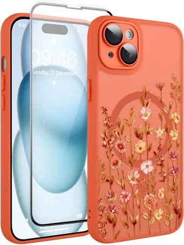 Vista 184 de Magnético para iPhone 13 con protector de pantalla [Compatible con MagSafe] Diseño de patrón floral de flores bonitas, funda delgada a prueba