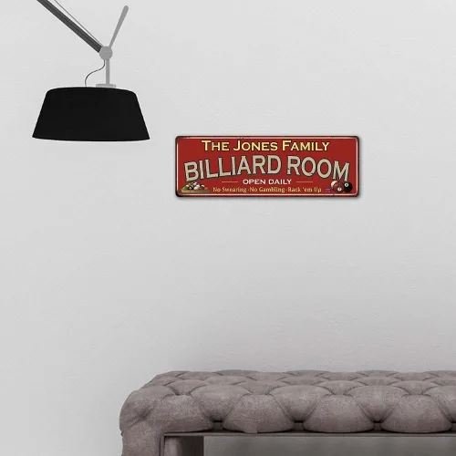 Vista 5 de Letrero de metal rojo personalizado para sala de billar, letreros de pared, ideas decoraciones, juegos, piscina, retro, sala de juegos, placa