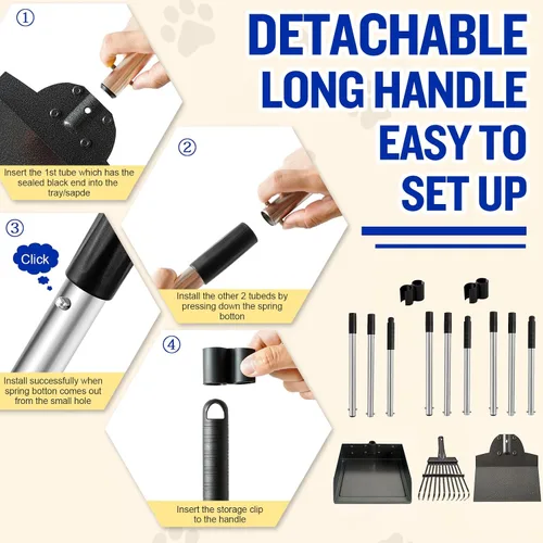 Vista 6 de Recogedor de excrementos de perro, rastrillo y pala de bandeja, paquete de 3 cucharas ajustables de mango largo de metal con cubo para eliminación