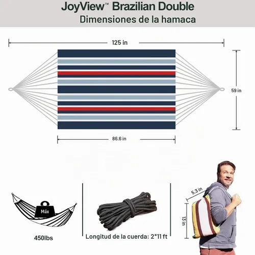 Vista 2 de JoyView Hamaca doble brasileña con cuerdas colgantes, extragrande de 86.6x59" hamaca portátil de algodón para patio, jardín, porche, capacidad