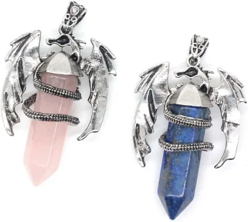 Vista 3 de Colgante de piedra rosa y rosa de cristal curativo para mujer, collar hexagonal de hombre dragón para mujer, regalo de joyería vintage, EA15N
