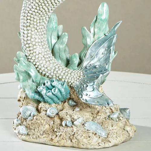 Vista 5 de Touch of Class Oceana - Escultura costera de sirena Figura de resina pintada a mano Acentos nacarados, concha azul y cola en tono perlado