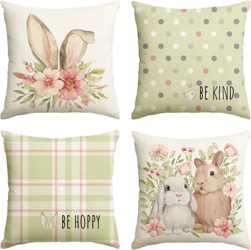 Vista 9 de AVOIN colorlife Juego de 4 fundas de cojín de Pascua con diseño de búfalo y flor de conejo de Pascua Be Hoppy Bule, 18 x 18 pulgadas, diseño