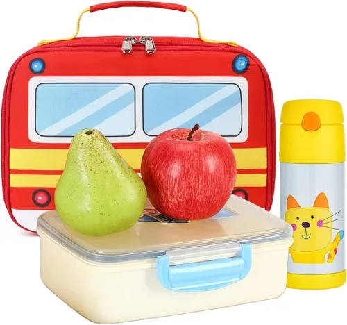 Vista 9 de Mochila para niños pequeños, preescolar, autobús, bolsa de libros 3D para jardín de infantes con lonchera aislante