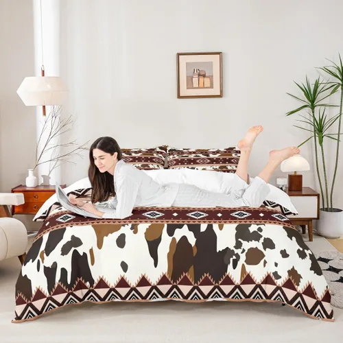 Vista 10 de Juego de ropa de cama de piel de vaca, funda de edredón con estampado de vaca de las tierras altas, tamaño individual, funda de edredón tribal Multi
