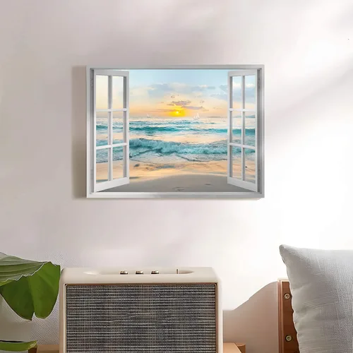 Vista 4 de Arte de Lienzo de Ventana Abierta para Pared: Paisaje Costero de Playa al Atardecer Vista de Ventana Falsa Imagen Olas Azules del Océano Pintura