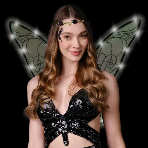 Vista 5 de Disfraz de hada Funcredible para mujeres y niñas - Alas de hada con luz y corona de flores, brillo - Alas de mariposa Negro