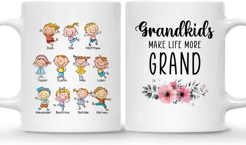 Vista 22 de Gossby Taza personalizada – GRANDKIDS MAKE LIFE MORE GRAND (1 niño) – Taza de café de cerámica de 11 onzas y 15 onzas para abuelos/abuelos – Idea