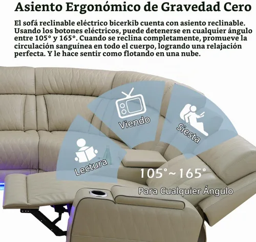 Vista 5 de Juego de sofá modular reclinable eléctrico para sala de estar, juego de sofá reclinable de cuero con luces LED / almacenamiento oculto, sofá