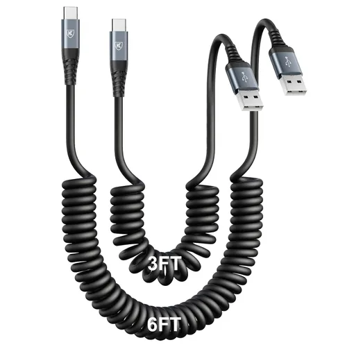 Vista 12 de Cable de carga USB tipo C de carga rápida, [2 paquetes, 3 pies] Cable de carga USB A a tipo C enrollado para automóvil USB-C compatible con iPhone