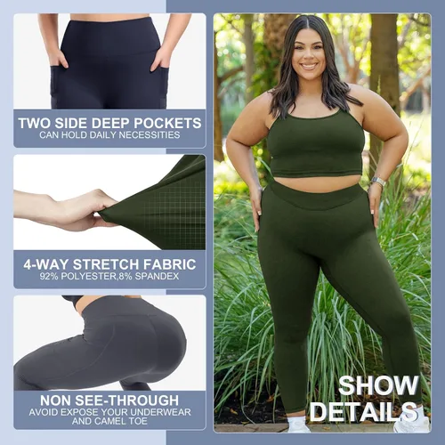 Vista 3 de 3 Pack Plus Size Leggings with Pockets for Women - High Waisted Tummy Control Spandex Soft Black Workout Yoga Pants