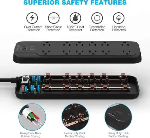Vista 4 de VINTAR - Protector contra sobretensiones (2 × 4800 julios) con 12 tomas de CA 1875W Output, 6FT Long Extension Cord Flat Plug with Dual Surge