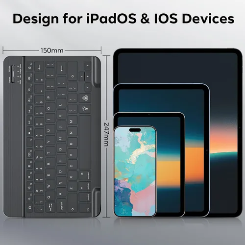 Vista 3 de OMOTON Teclado Bluetooth, teclado inalámbrico recargable para iPad, iPad Pro, iPad mini, iPad Air con LED iluminado (negro)