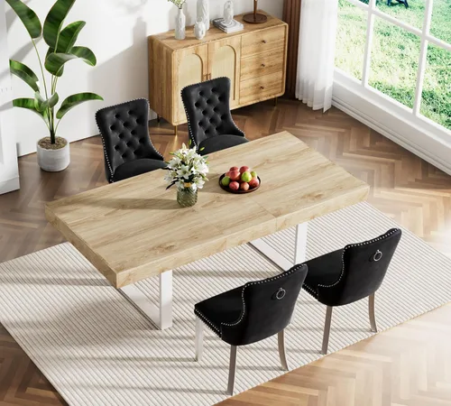 Vista 22 de Juego de mesa de comedor extensible marrón de 63 a 78.74 pulgadas para 4, juego de mesa de comedor de 5 piezas con 4 sillas tapizadas, mesa