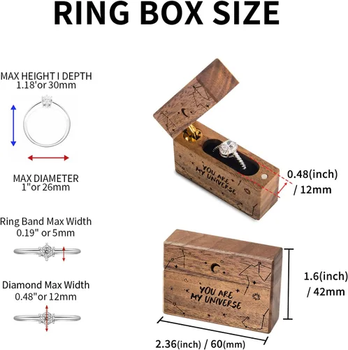 Vista 6 de Caja de anillo de compromiso de madera, pequeña funda plana delgada para propuesta, boda (You are my universe)