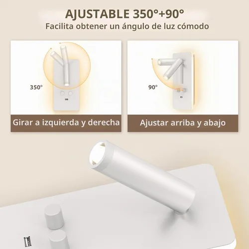 Vista 4 de M04 - Apliques regulables para montaje en pared, luz de lectura, lámpara de noche con puerto USB, enchufable, lámparas de pared con cable duro