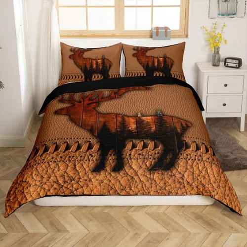 Vista 30 de Funda de edredón de cabaña marrón retro, juego de ropa de cama de retazos con diseño de oso del bosque, ciervos para cabaña rústica, funda de Multi