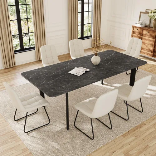 Vista 18 de HIPIHOM Mesa de comedor extensible para 6-8 personas, mesa rectangular de 63 a 78.7 pulgadas, MDF blanco con patas de metal resistentes, ahorro
