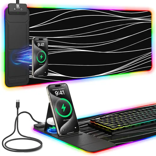 Vista 29 de Alfombrilla de ratón de carga inalámbrica, 31.5"x11.81" alfombrilla de ratón XL para juegos con 11 colores RGB y 5 modos de iluminación, alfombrilla