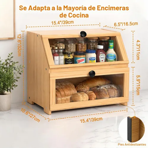 Vista 2 de Panera de bambú para encimera de cocina, contenedor grande de almacenamiento de pan recipiente portapanes de 2 capas para encimera de cocina Natural