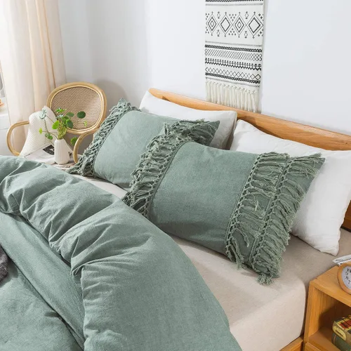 Vista 2 de Softta Juego de funda de edredón de 3 piezas de tamaño individual bohemio con borlas, color verde salvia, 100% algodón lavado con flecos, cierre