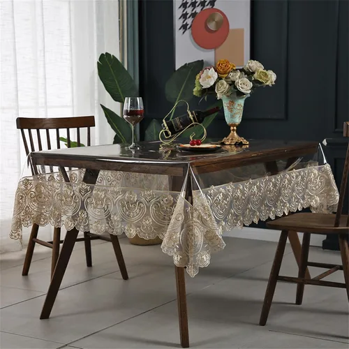 Vista 2 de Mantel rectangular de plástico transparente de vinilo impermeable, borde de encaje bordado, mantel transparente para comedor, cocina al aire libre