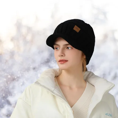 Vista 7 de Gorros de invierno para mujer Gorro de punto grueso, cálido y elegante, suave, elástico, lindo gorro de invierno para mujer con visera