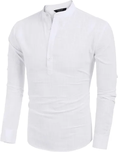Vista 4 de COOFANDY Camiseta Henley de algodón y lino para hombre, de manga larga, estilo hippie, casual, playera