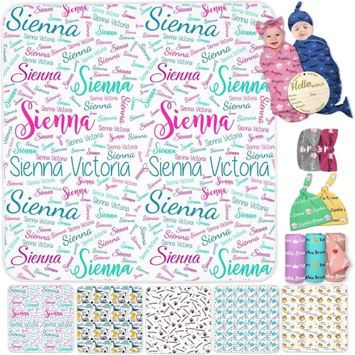 Vista 11 de Manta personalizada para bebés y niños, manta con nombre personalizado para recibir con diadema de lazo y sombrero, artículos personalizados